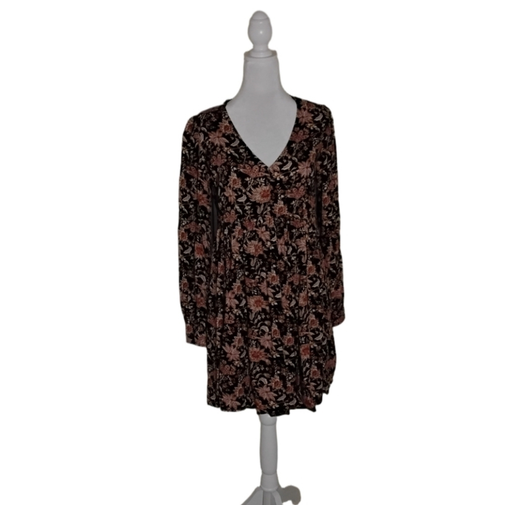 Knox Rose Black Floral Long Sleeve V-Neck Flowy Dress Size S